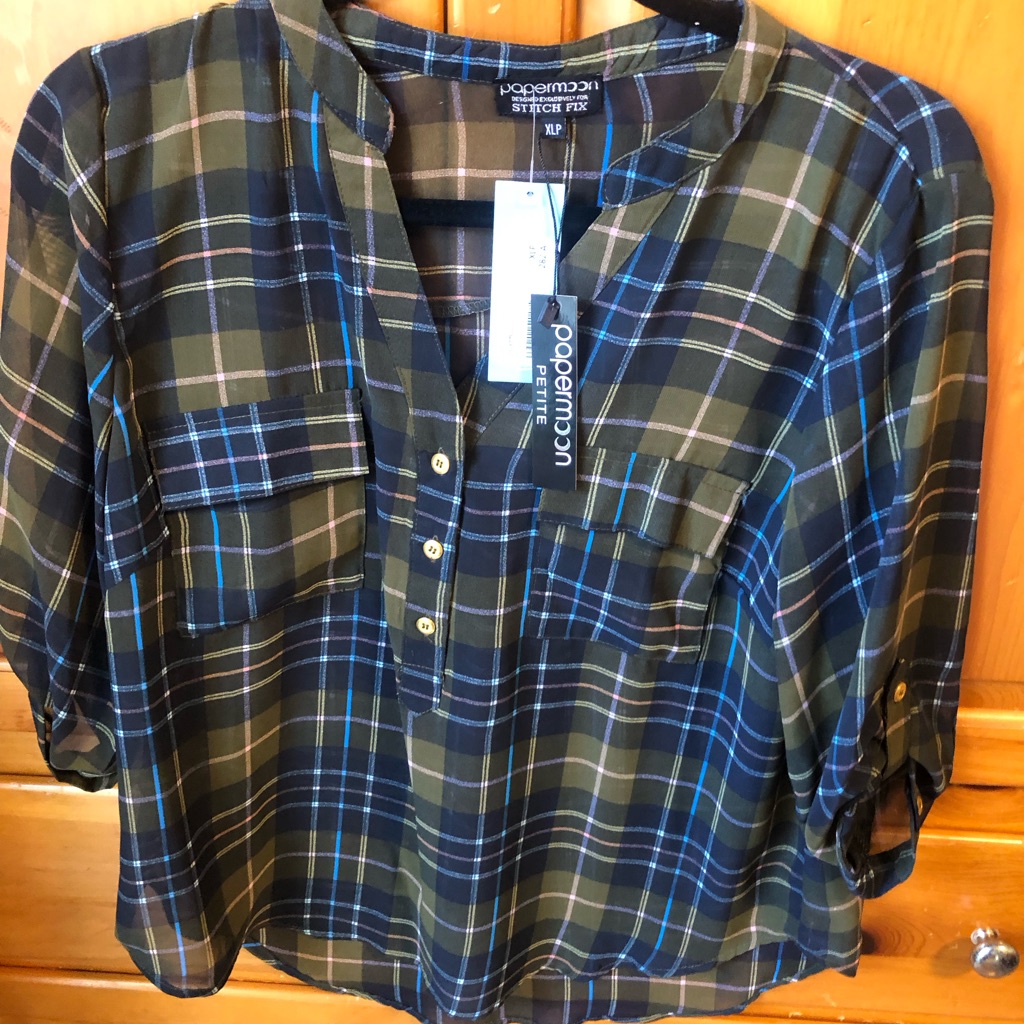 Papermoon Talulah Plaid Henley Blouse Olive Green Roll Tab Sleeve Xlp New